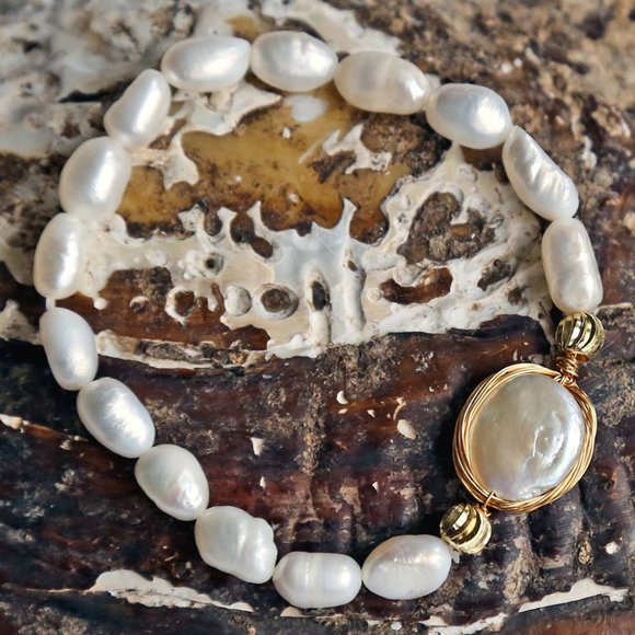 New Cultured Pearl 18k Gold Plated Silver Beaded Stretch Bracelet - Picture 1 of 2